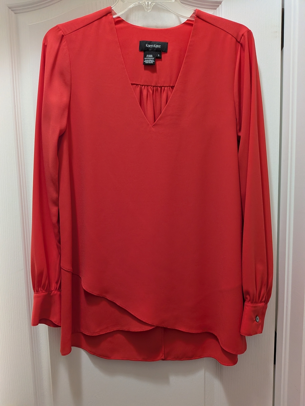 Karen Kane Coral-Red V-Neck Long Sleeve Layered Blouse